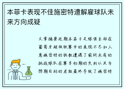 本菲卡表现不佳施密特遭解雇球队未来方向成疑